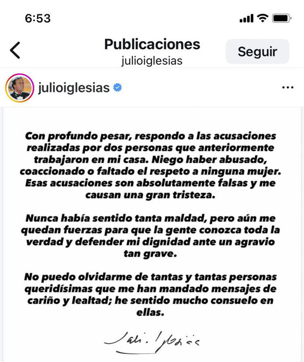 Julio Iglesias Denies Abusing or Disrespecting Women